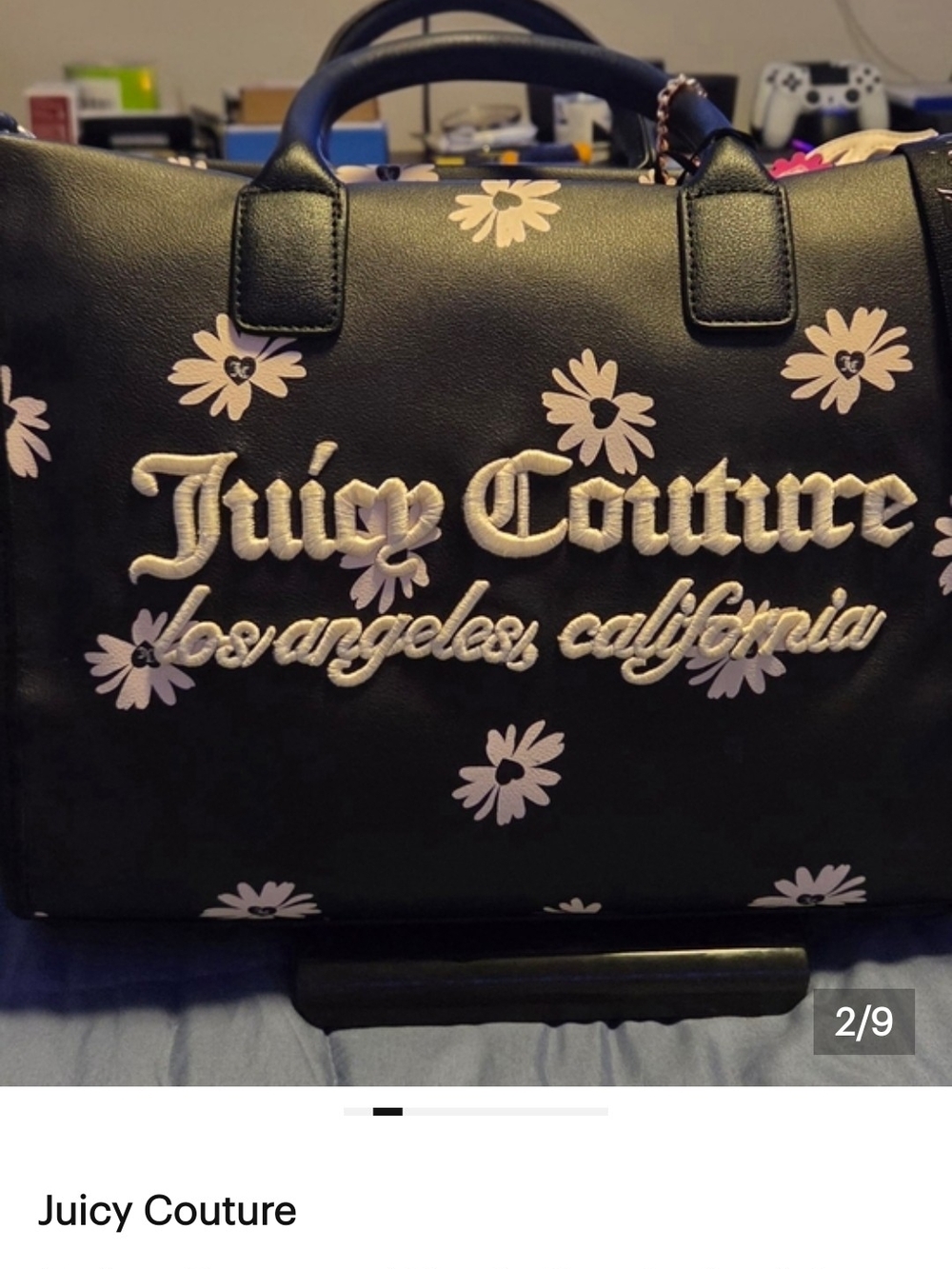 Juicy Couture Black Satchel with Pink Floral Embroidery